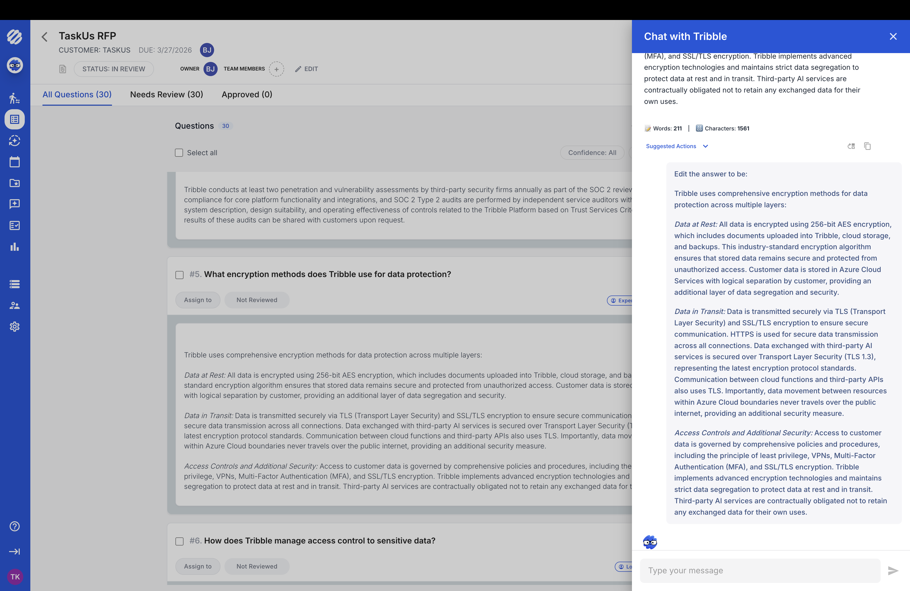 Tribble Respond chat answering RFP questions