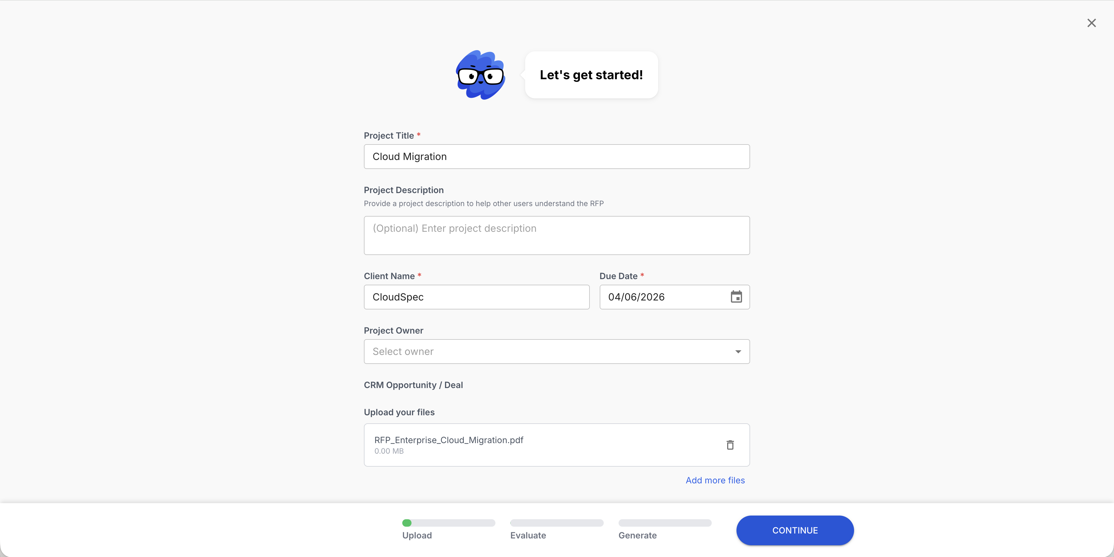 Tribble Respond project intake screen for uploading an RFP and generating responses